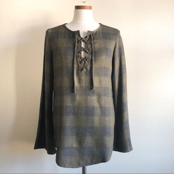 Cloth & Stone Plaid Rayon blouse with bell sleeves - Picture 2 of 7